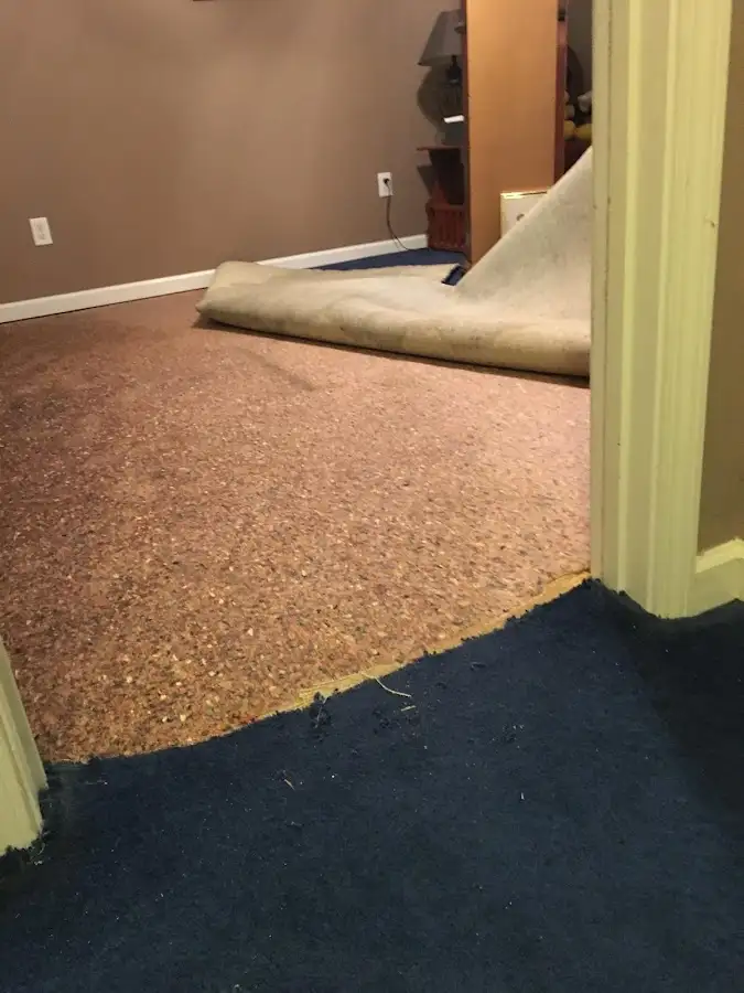 Carpet pad removal revealing water damage during Drying & Dehumidification in West Perrine